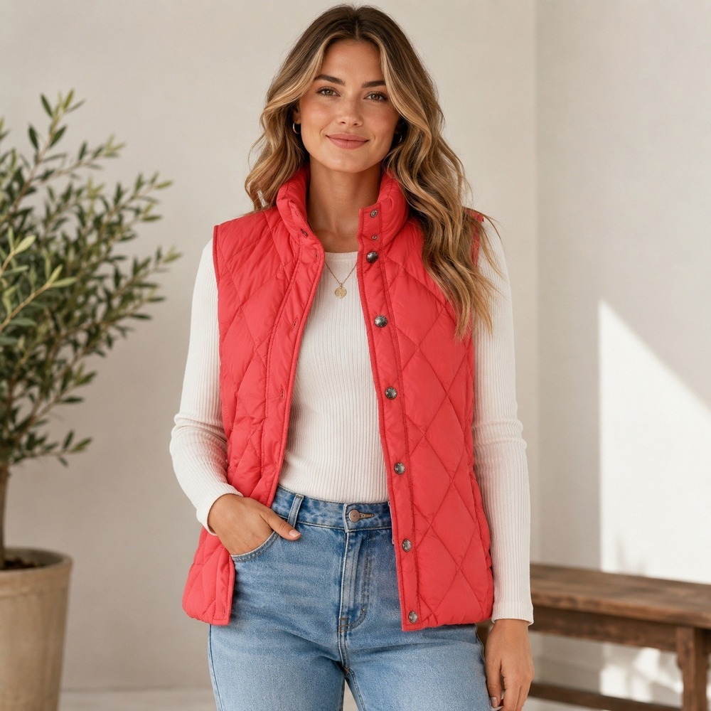 Lands End Womens Quilted Down Puffer‎ Vest Coral Orange Snap Front Size S 6-8